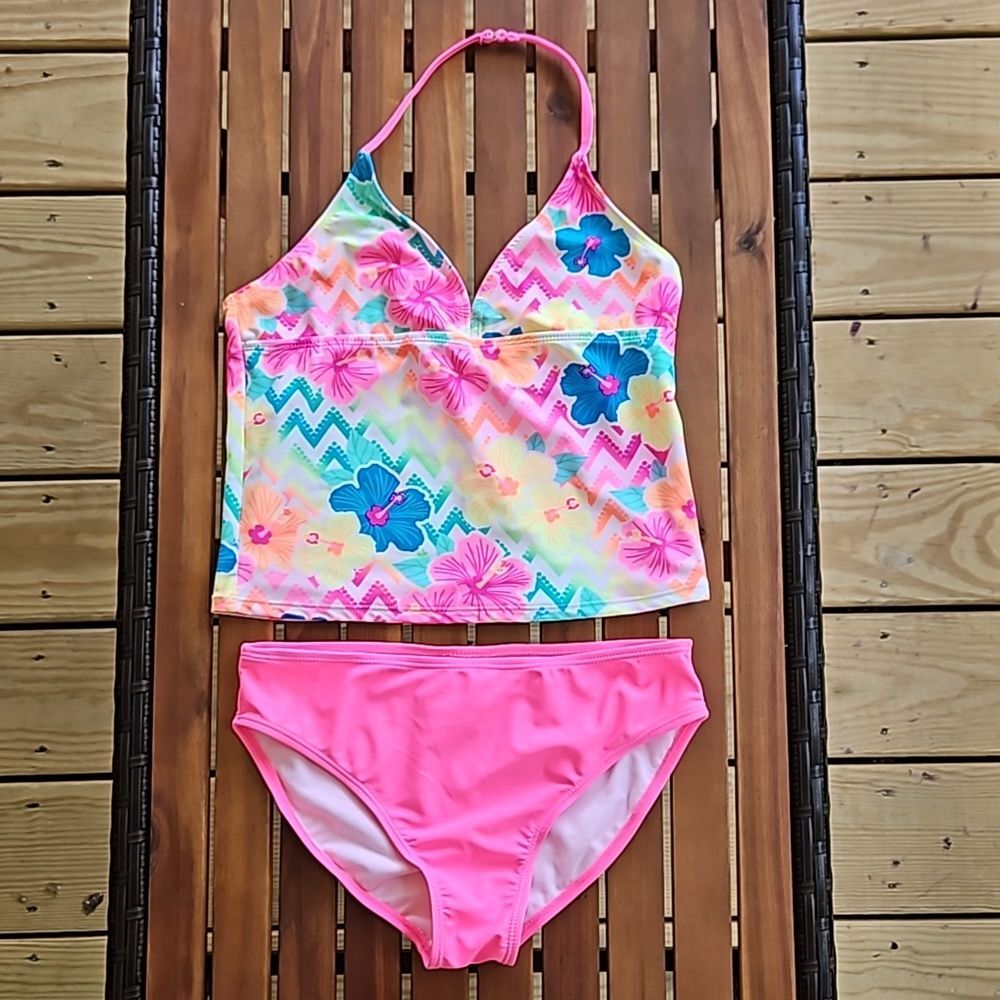 OP Girls 10/12 Tankini Tropical Floral Top Hot Pink Bottom